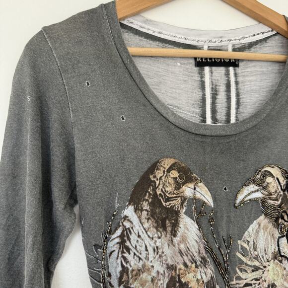 Religion London Goth Grunge Distressed Longline Tunic Top XS Graphic Bird Heart - Picture 4 of 10